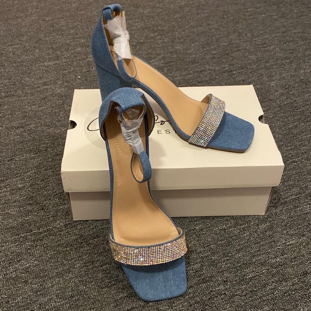 Cato Blue Denim Sandals with Rhinestone Strap